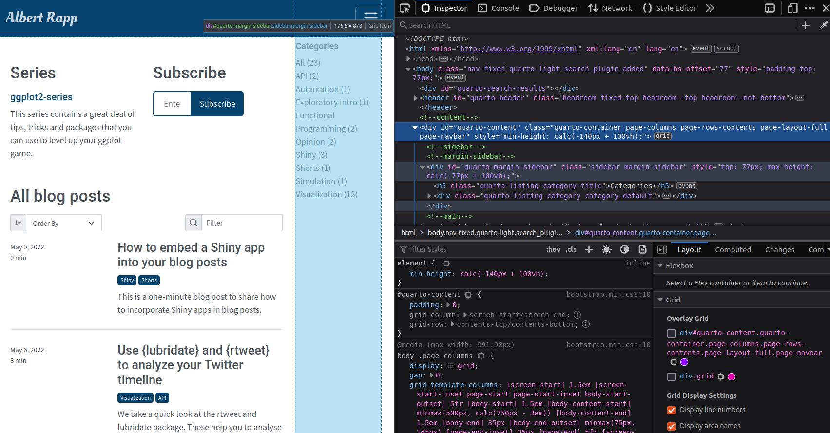 On the left you see the website you’ve opened. On the right you see the HTML- (top) and CSS-code (bottom). As you move your cursor through the HTML-code, your browser shows you the corresponding part of the website.